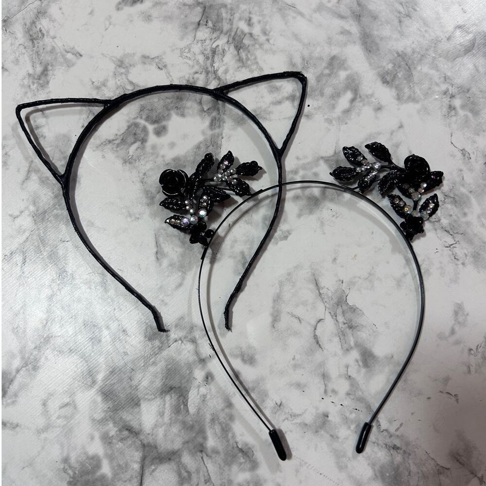 Hair Accessory Cat Ears Headband Novelty Metal Black Roses Bling Kawaii Jeweled